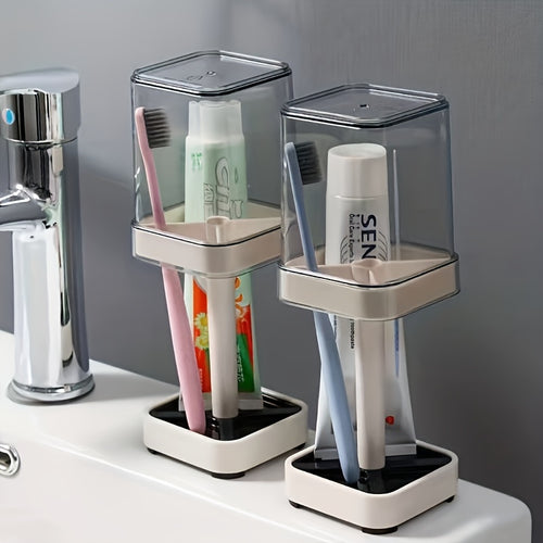 1pc Modern Upgraded Toothbrush Holder Set With Mouthwash Cup - Wall Mounted Couple Organizer, Space Saving Design, Ideal For Bathroom Organization And Decor Ideal For Storing Teeth And Toothbrushes, Suitable For Home, Dorms, Schools