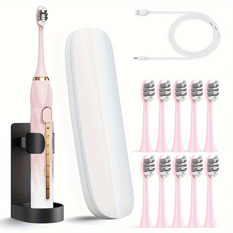 IPX8 Acoustic Electric Toothbrush USB Rechargeable Couple Rechargeable Metal Shaft Adult for Man And Woman Rechargeable Toothbrush Intelligent Timer 10 Replaceable Toothbrush Heads 5 Colors A Toothbrush Base A Portable Case