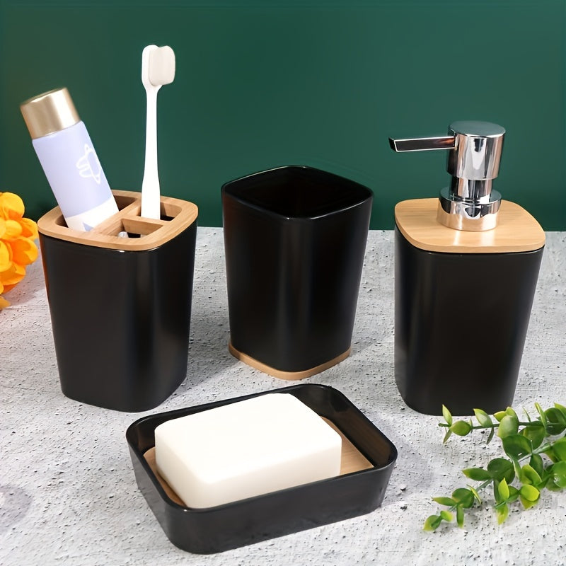 4pcs Simple Solid Color Bathroom Accessory Set, Includes Lotion Dispenser, Soap Dish, Mouthwash Cup And Toothbrush Holder, Suitable for Bathroom Decoration, Housewarming Gift Set, Bathroom Storage And Organization