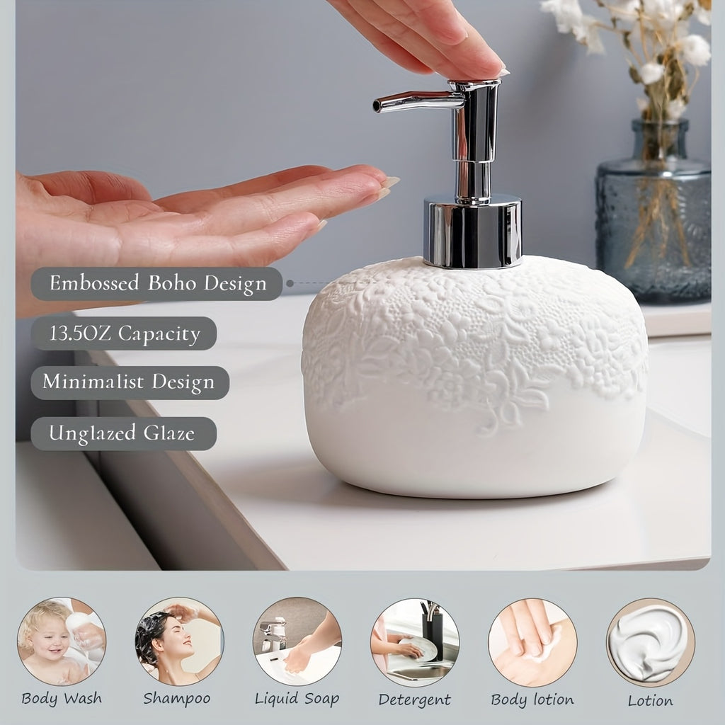 Embossed 4pcs Ceramic Bathroom Set In Gloss WhiteIncludes: 13.5oz Soap Dispenser, Dual Toothbrush Holders, Soap Dish & 2 Glass TumblersSleek & Hygienic Home Decor Accessories (Gift Hamper)Perfect for Gifting: Housewarming & Christmas Present Ready