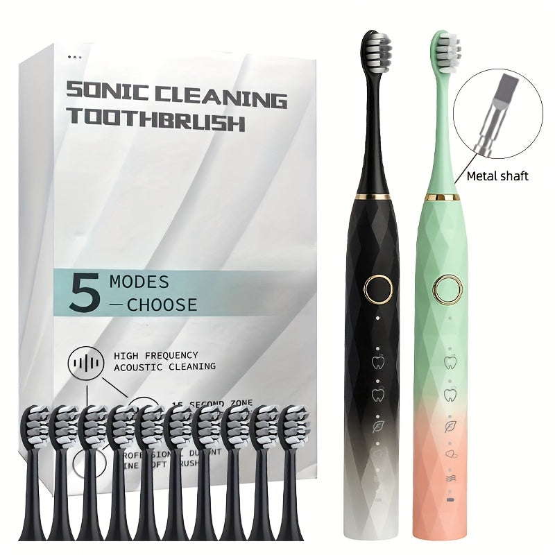 IPX8 Gradient Electric Toothbrush, USB Rechargeable, Couple, Smart Timer, 10 Replaceable Brush Heads, 2 Colors, Sonic Toothbrush, Travel, Holiday Gifts, Clean Teeth, Gifts for The Family
