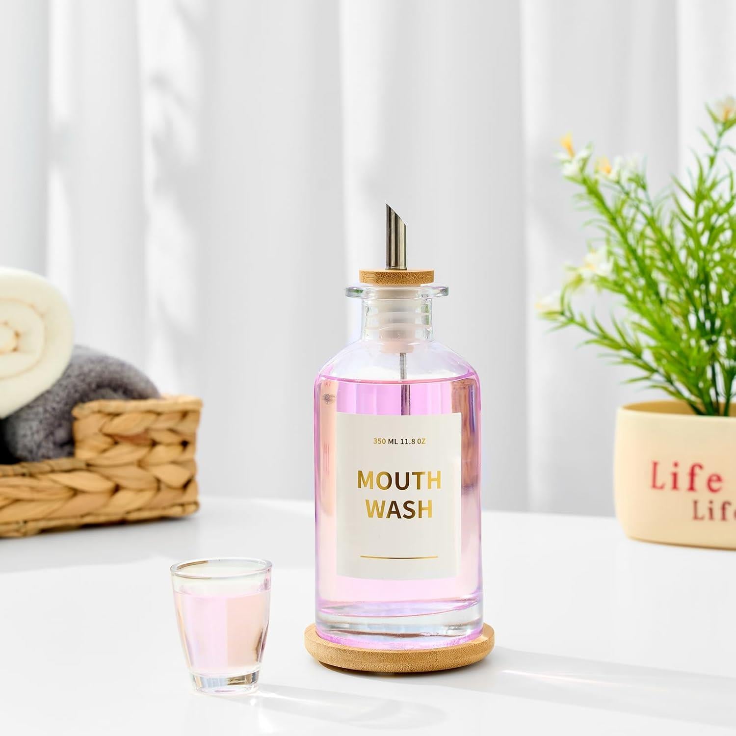 Glass Mouthwash Dispenser for Bathroom, 11 8oz Mouthwash Holder with Stianless Steel Spouts, Mouthwash Decanter with Holder, Refillable Cups, Reusable Funnel, Golden Stickers