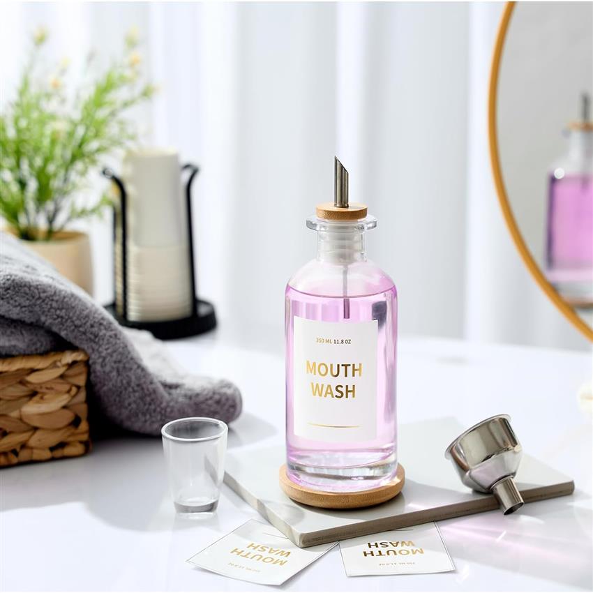 Glass Mouthwash Dispenser for Bathroom, 11 8oz Mouthwash Holder with Stianless Steel Spouts, Mouthwash Decanter with Holder, Refillable Cups, Reusable Funnel, Golden Stickers